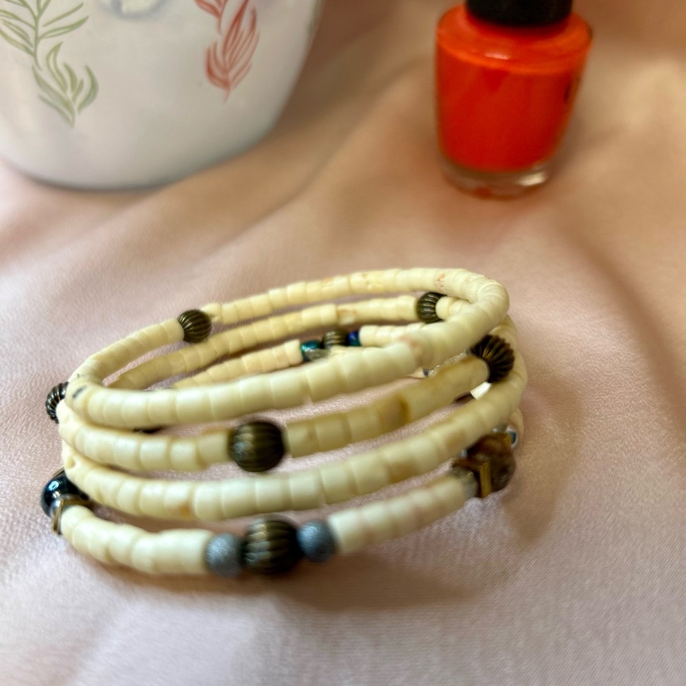 Cream Beaded Coil Bracelet with Antique Metal Accents